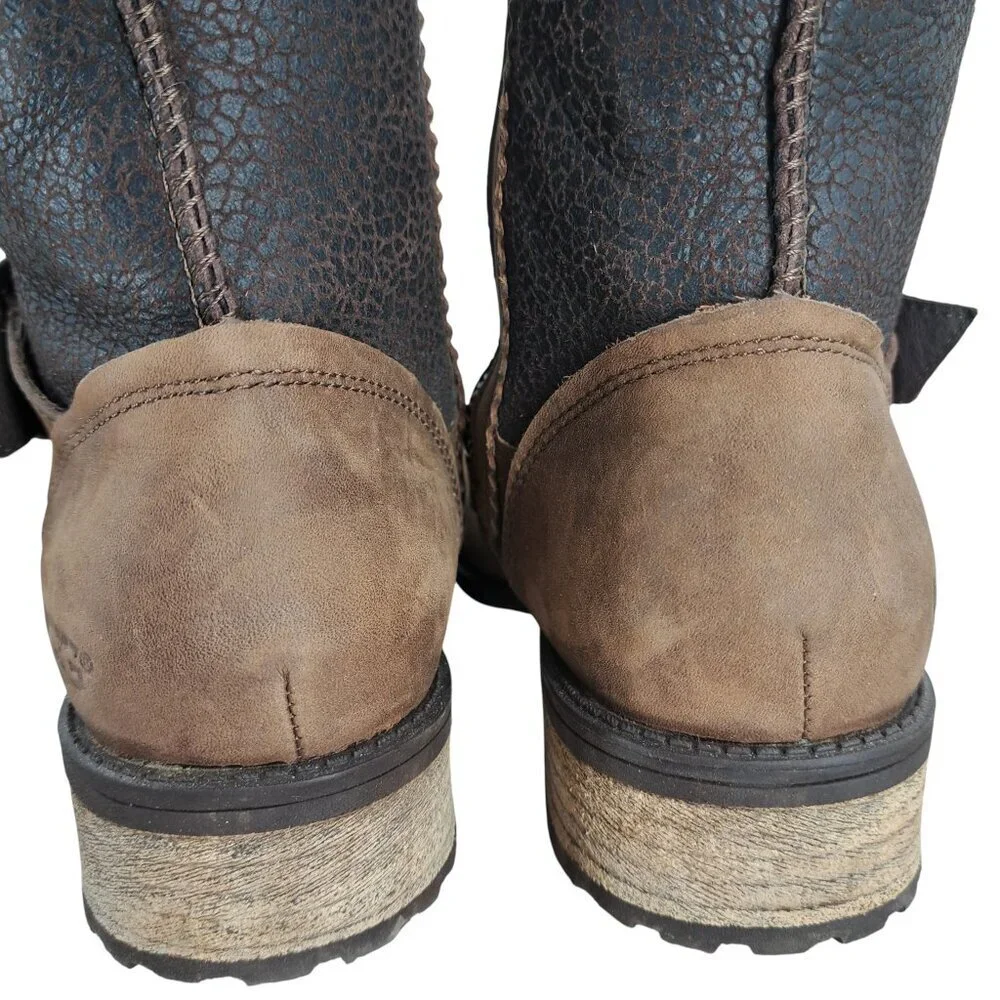 Ugg Oregon Brown Leather Waterproof Boots Size 7.5 Shearling Fur Moto Buckle